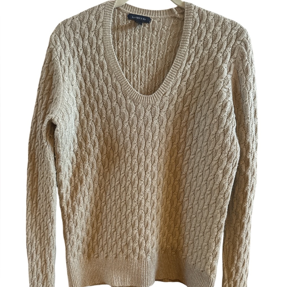 Lands' End Women’s Cable Knit V-Neck Sweater Size Medium Tan With Silver Threads